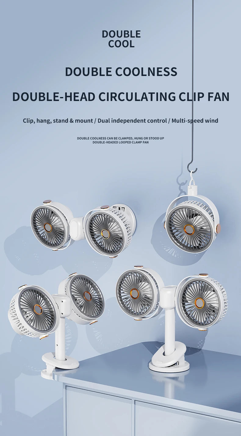 Ventilatore a Clip Doppia Testa Ricaricabile