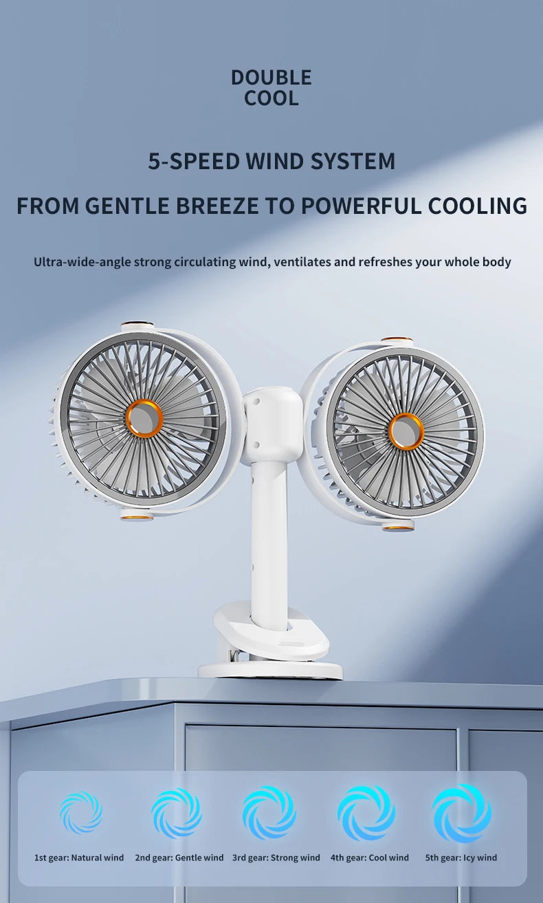 Ventilatore a Clip Doppia Testa Ricaricabile