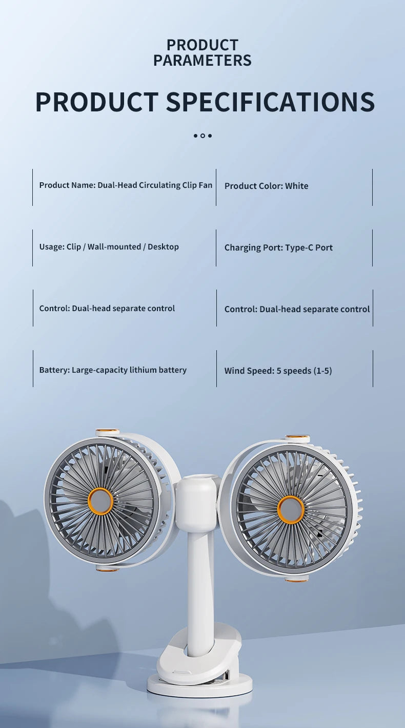 Ventilatore a Clip Doppia Testa Ricaricabile